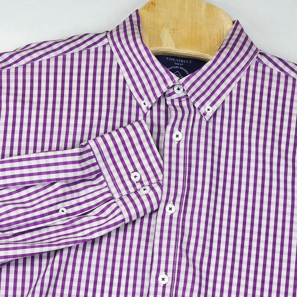 CONSTRUCT Men's Shirt XL Slim Fit Purple‎ White Gingham Moisture Wicking